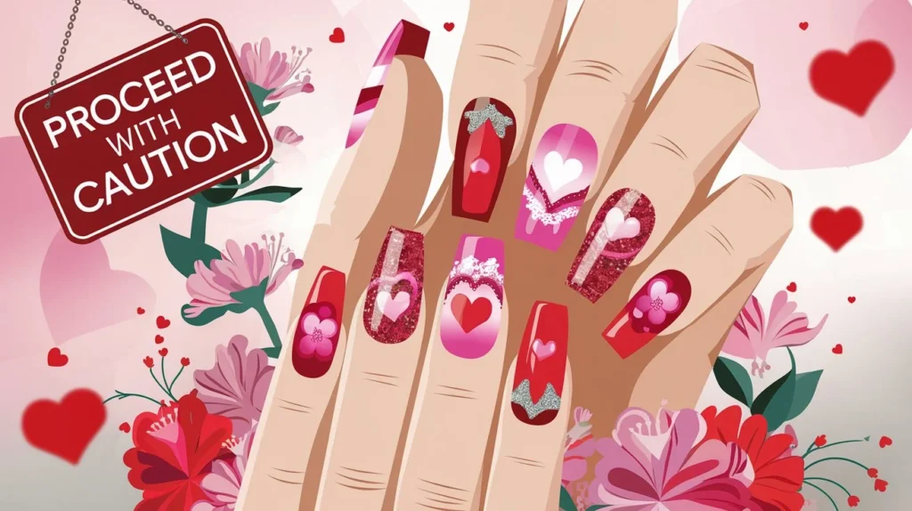 Beautiful Valentine’s Day nail designs featuring hearts, ombre effects, and glitter.